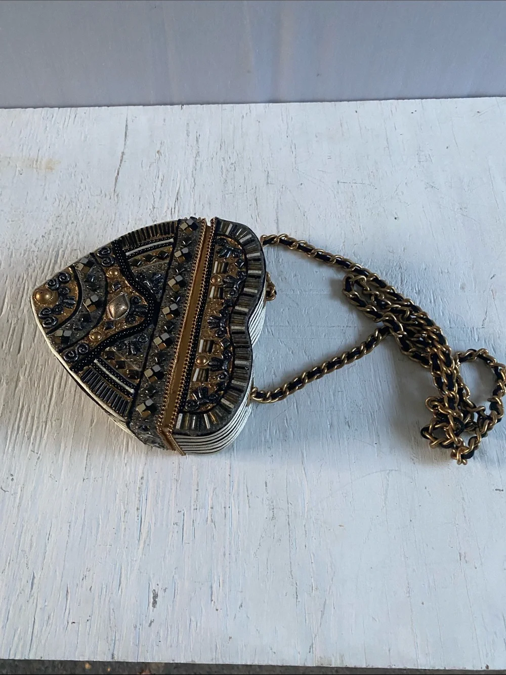 Black & Gold Embellished Heart Crossbody Purse